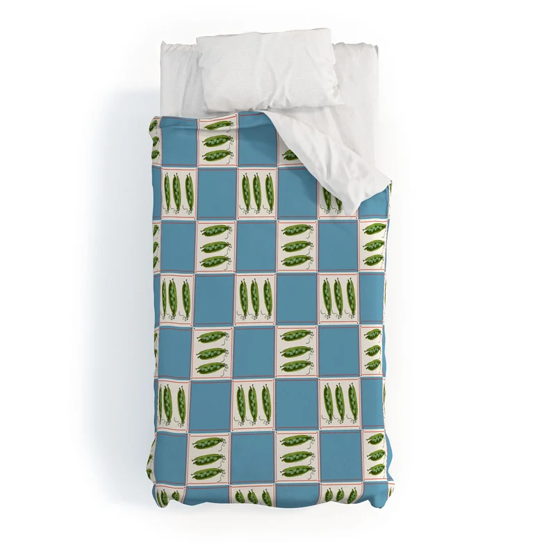 Green Pea Pods Retro Tile Pattern Duvet Cover