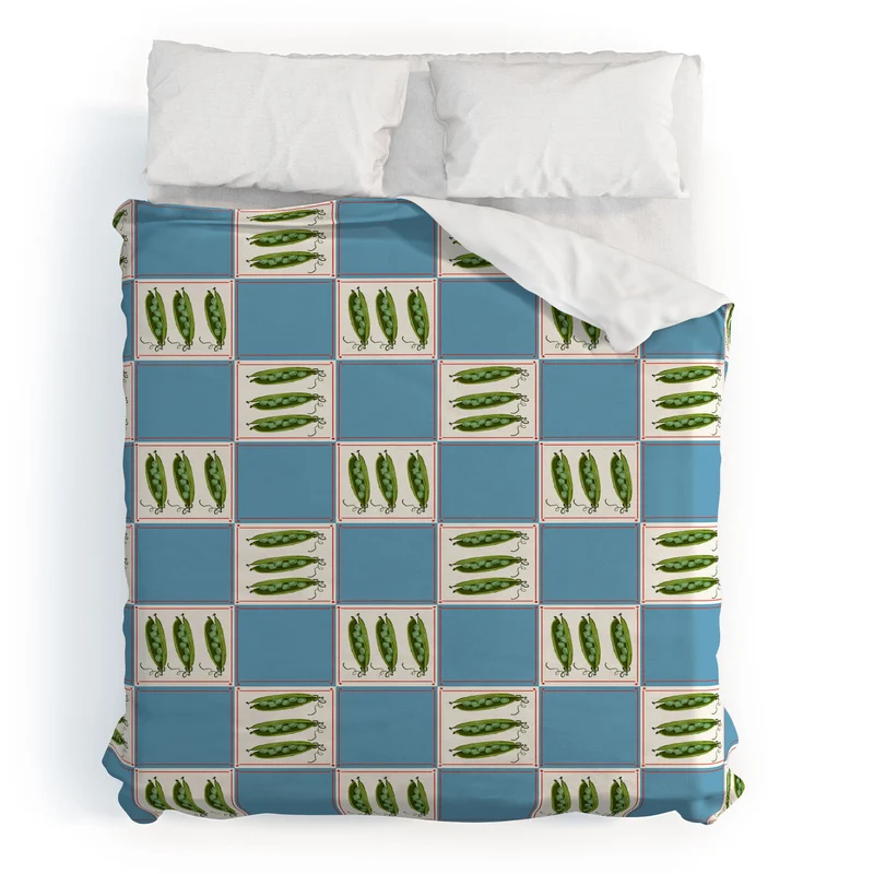Green Pea Pods Retro Tile Pattern Duvet Cover