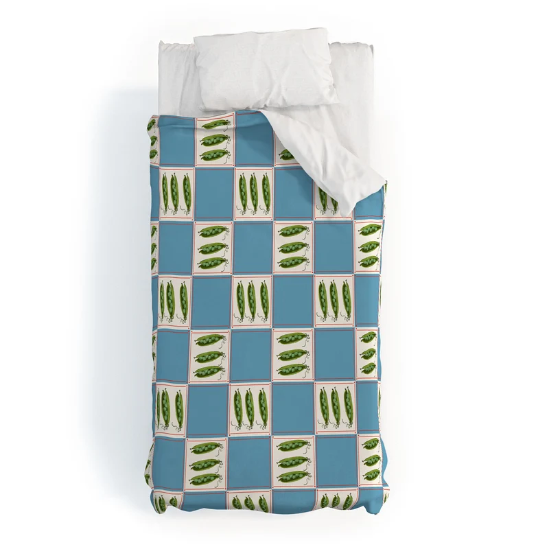 Green Pea Pods Retro Tile Pattern Duvet Cover