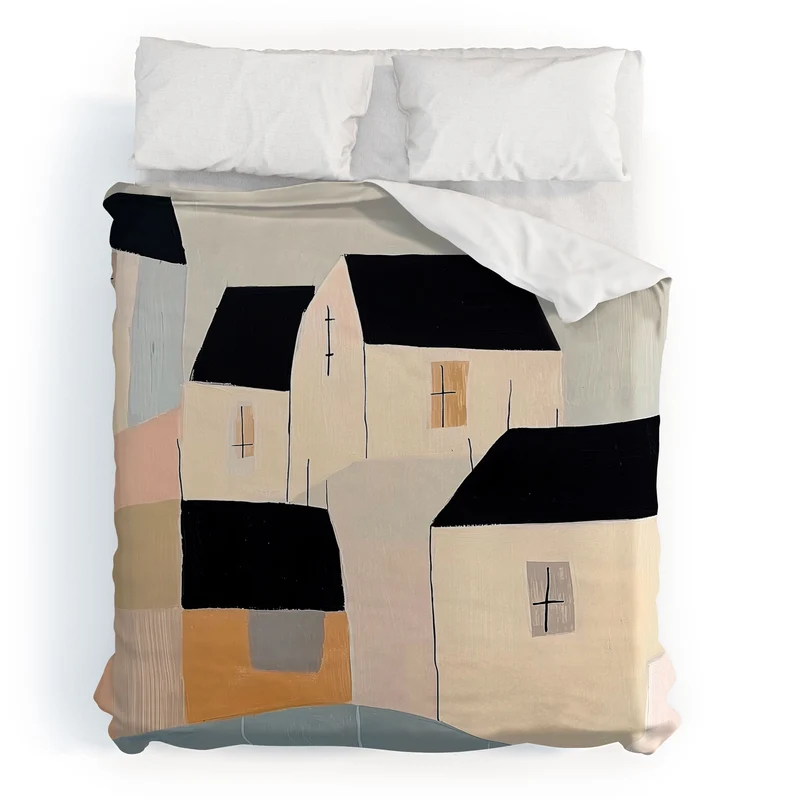 Folk Village Houses Duvet Cover