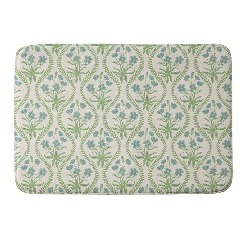 Blue Wildflowers Vintage Ogee Traditional Blue Green Cream Floral Bath Mat