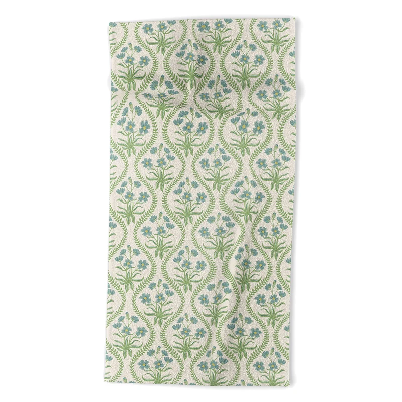 Blue Wildflowers Vintage Ogee Traditional Blue Green Cream Floral Bath Towel