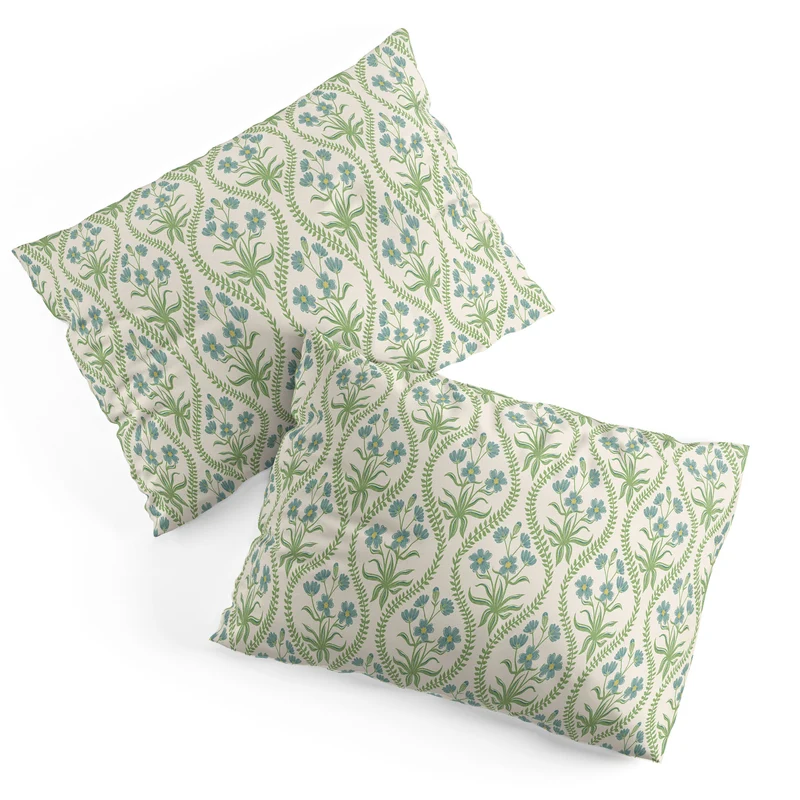Blue Wildflowers Vintage Ogee Traditional Blue Green Cream Floral Pillow Sham