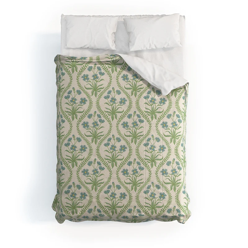 Blue Wildflowers Vintage Ogee Traditional Blue Green Cream Floral Comforter
