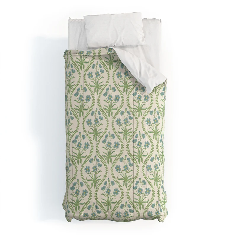 Blue Wildflowers Vintage Ogee Traditional Blue Green Cream Floral Comforter