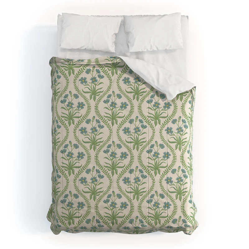 Blue Wildflowers Vintage Ogee Traditional Blue Green Cream Floral Comforter