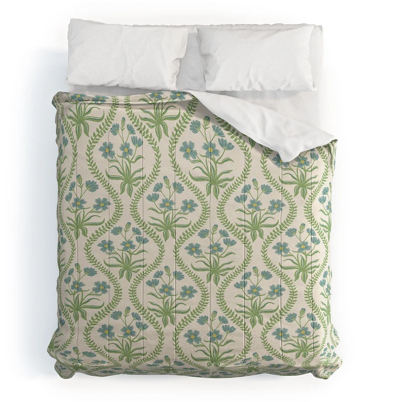 Blue Wildflowers Vintage Ogee Traditional Blue Green Cream Floral Comforter