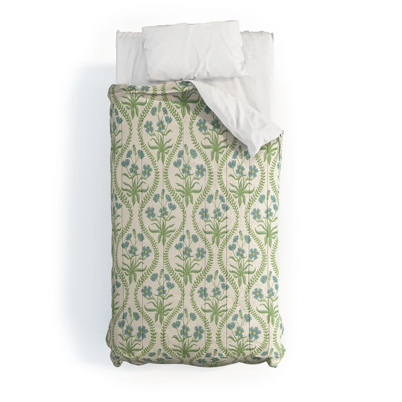 Blue Wildflowers Vintage Ogee Traditional Blue Green Cream Floral Comforter