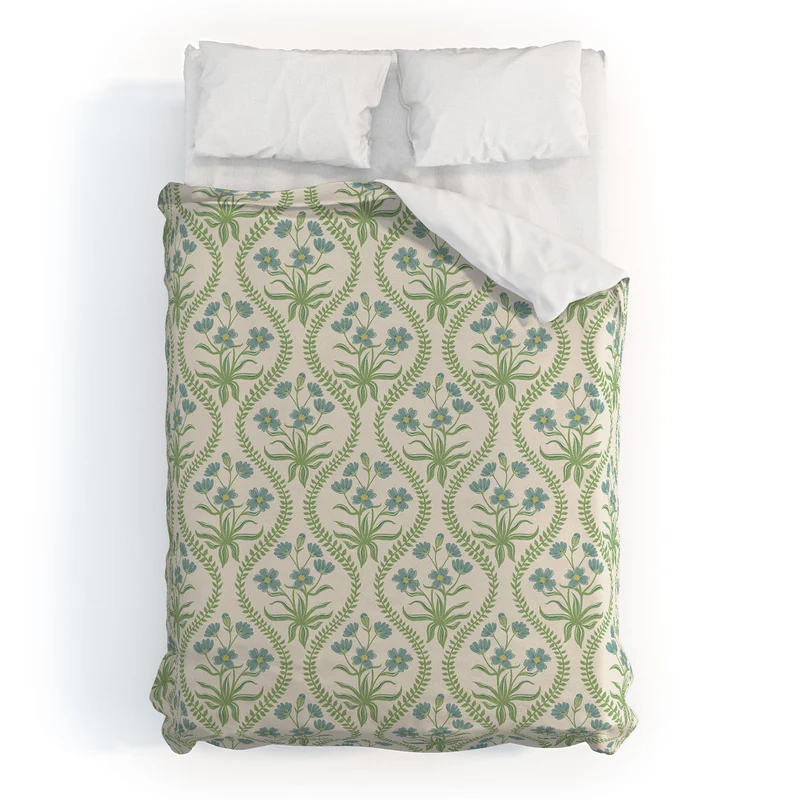 Blue Wildflowers Vintage Ogee Traditional Blue Green Cream Floral Duvet Cover