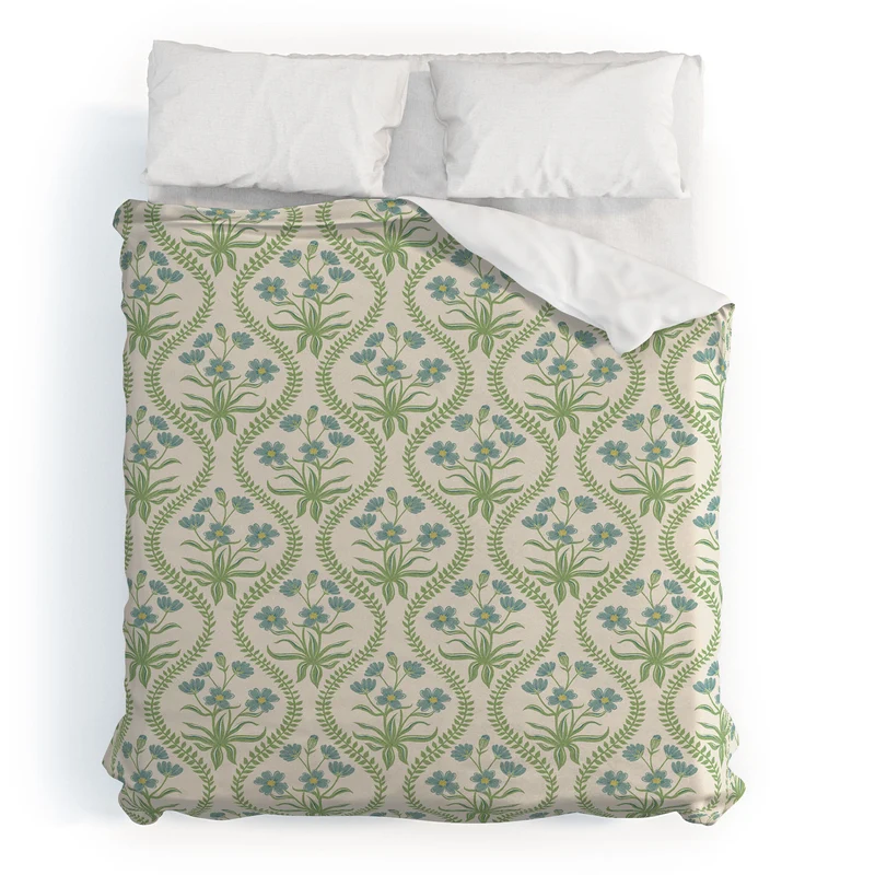 Blue Wildflowers Vintage Ogee Traditional Blue Green Cream Floral Duvet Cover