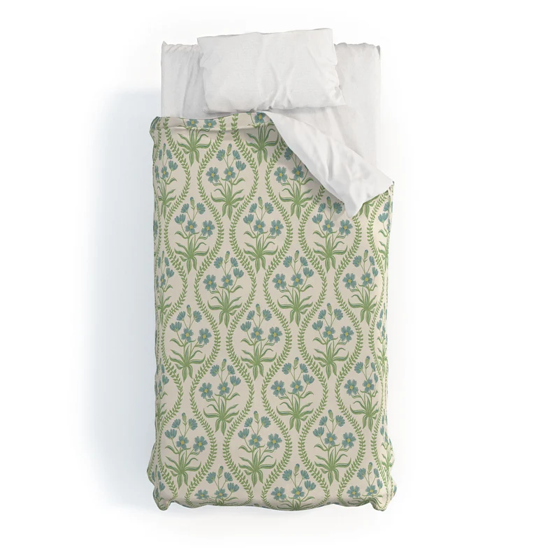 Blue Wildflowers Vintage Ogee Traditional Blue Green Cream Floral Duvet Cover