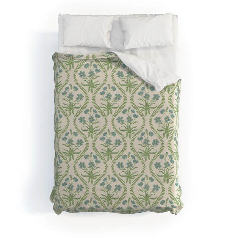 Blue Wildflowers Vintage Ogee Traditional Blue Green Cream Floral Duvet Cover