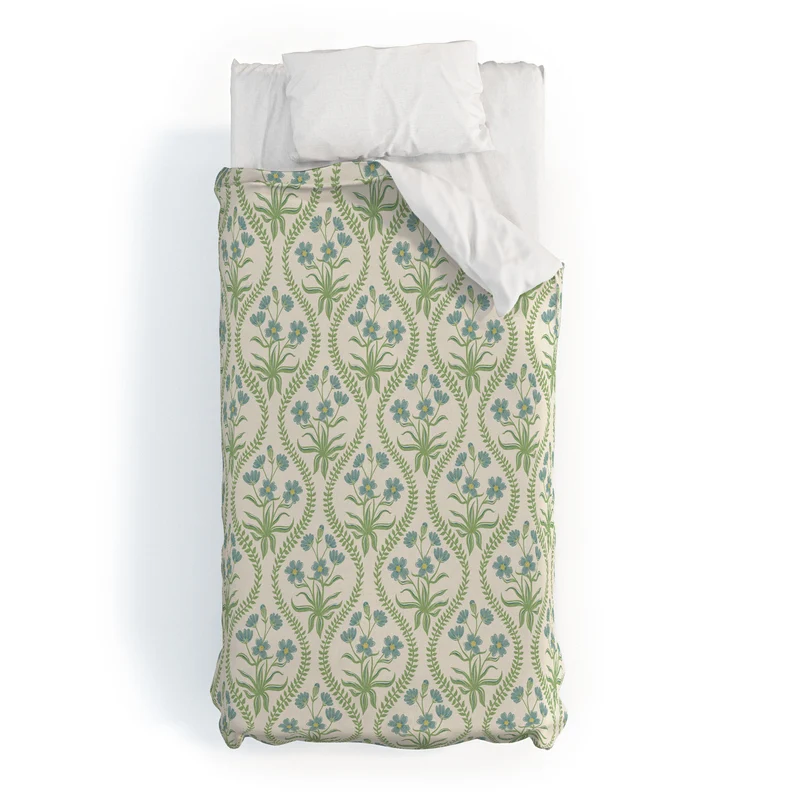 Blue Wildflowers Vintage Ogee Traditional Blue Green Cream Floral Duvet Cover