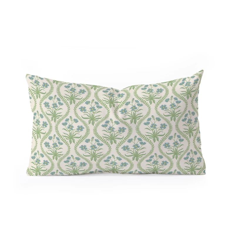 Blue Wildflowers Vintage Ogee Traditional Blue Green Cream Floral Rectangular Pillow