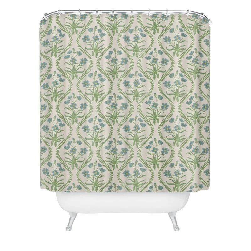 Blue Wildflowers Vintage Ogee Traditional Blue Green Cream Floral Shower Curtain