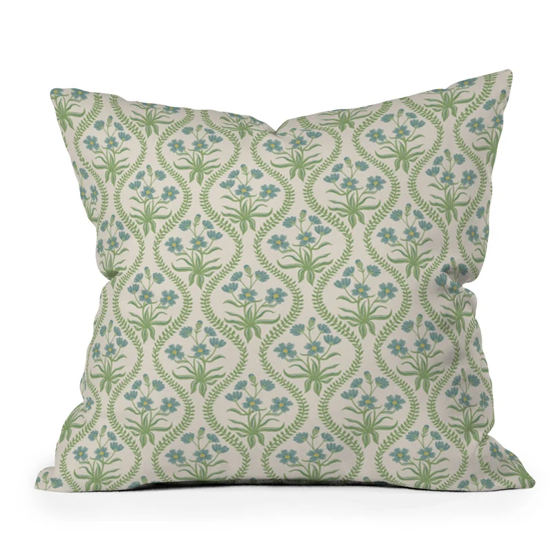 Blue Wildflowers Vintage Ogee Traditional Blue Green Cream Floral Throw Pillow