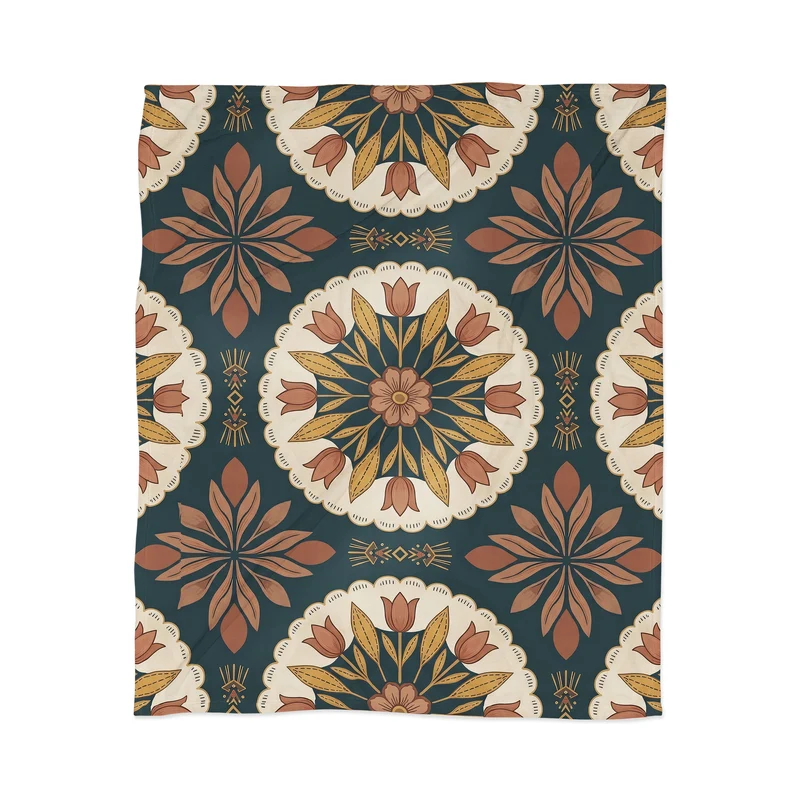 Terracotta Boho Floral Geometric Medallion Throw Blanket