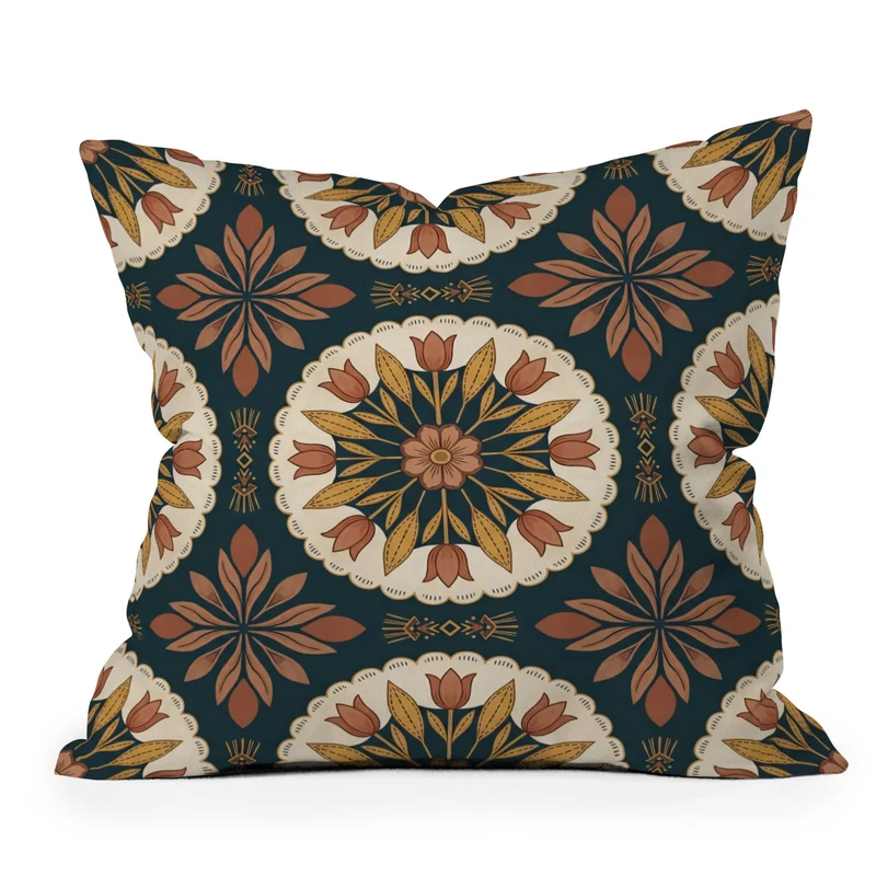 Terracotta Boho Floral Geometric Medallion Throw Pillow