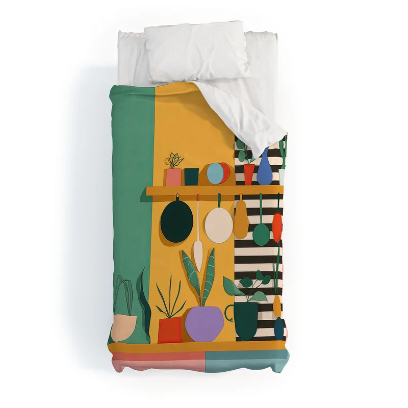 Abstract Modern Kitchen Art With Plants And Hanging Utensils Duvet Cover