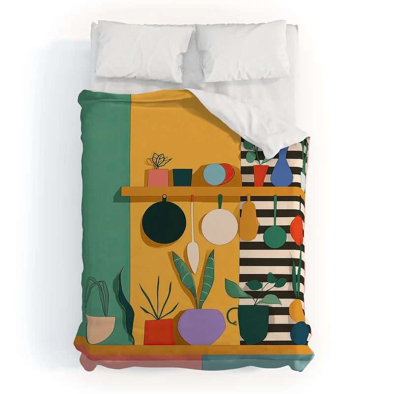 Abstract Modern Kitchen Art With Plants And Hanging Utensils Duvet Cover