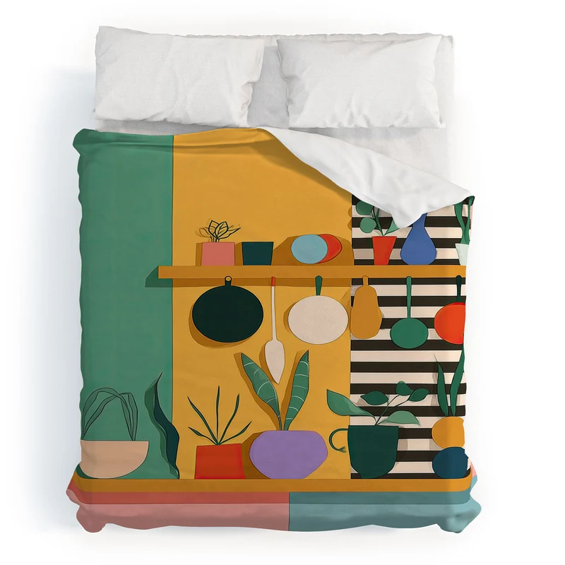 Abstract Modern Kitchen Art With Plants And Hanging Utensils Duvet Cover