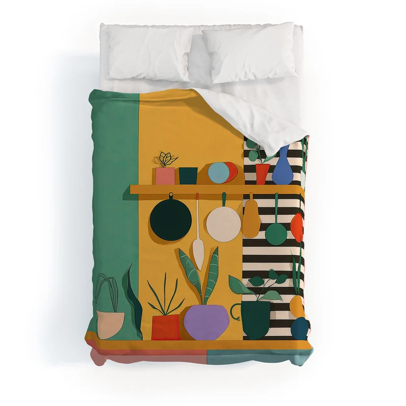 Abstract Modern Kitchen Art With Plants And Hanging Utensils Duvet Cover