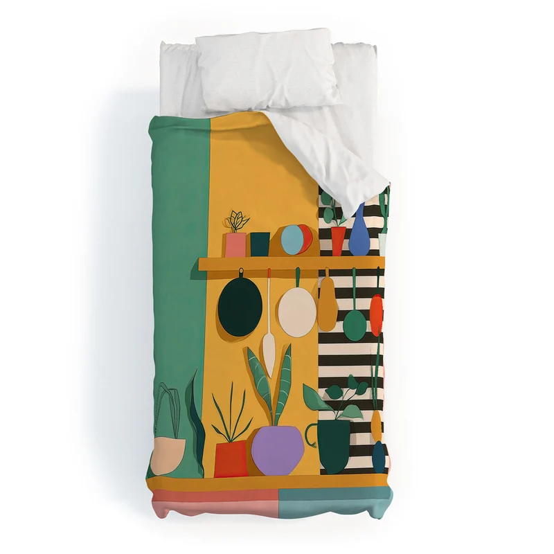 Abstract Modern Kitchen Art With Plants And Hanging Utensils Duvet Cover