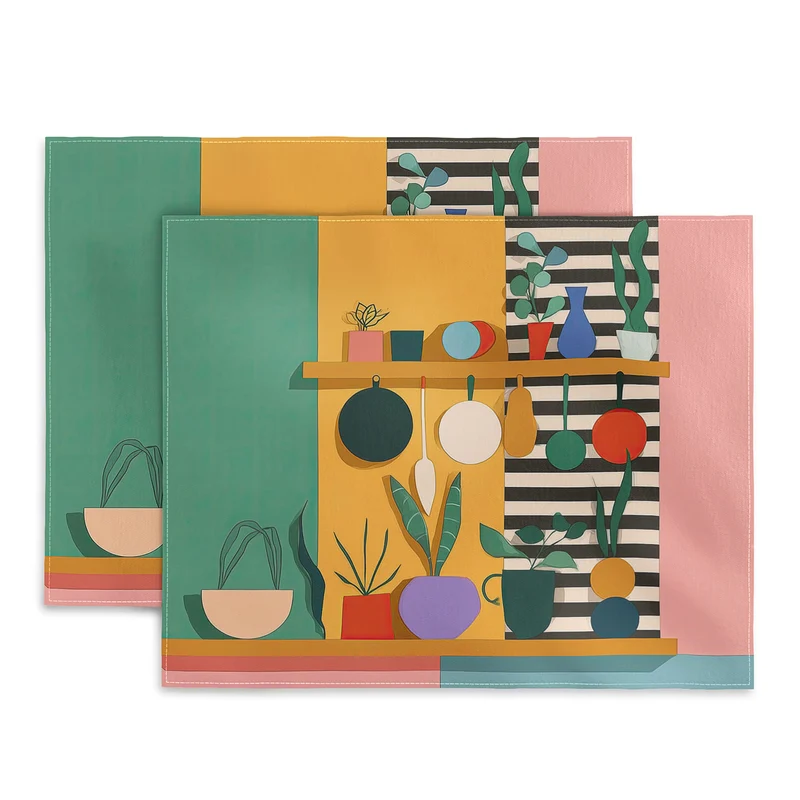 Abstract Modern Kitchen Art With Plants And Hanging Utensils Placemat