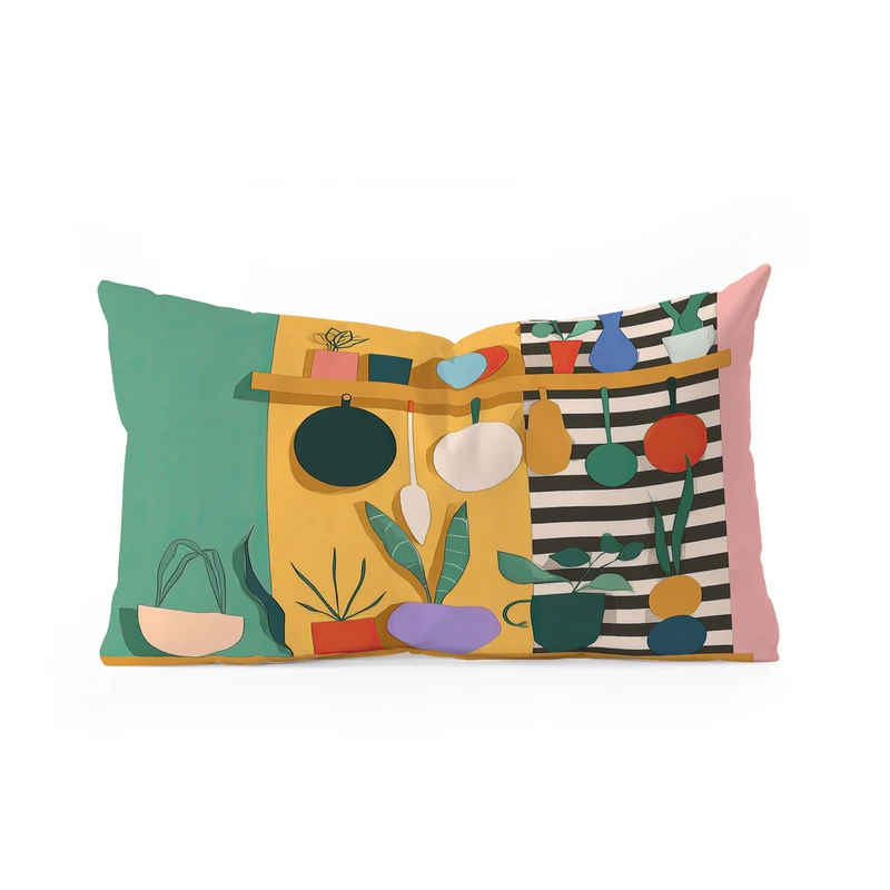 Abstract Modern Kitchen Art With Plants And Hanging Utensils Rectangular Pillow