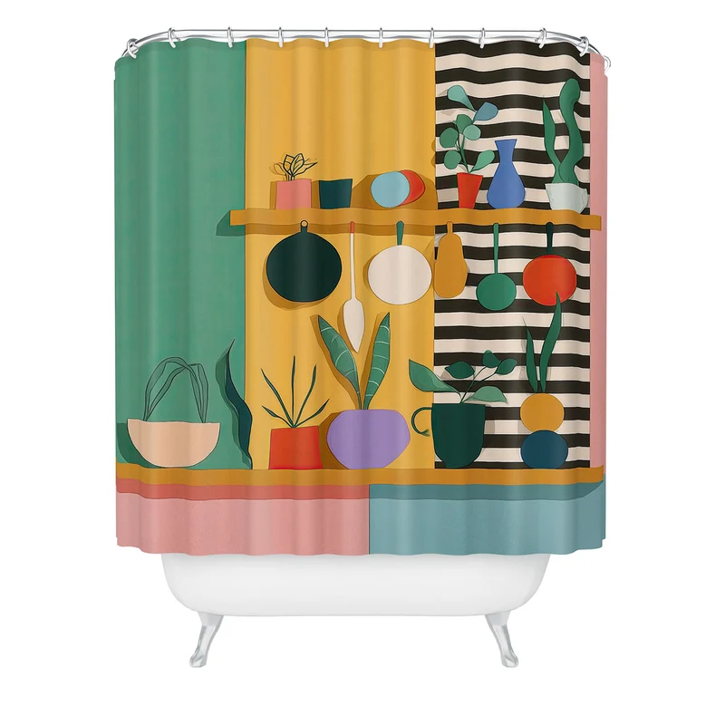 Abstract Modern Kitchen Art With Plants And Hanging Utensils Shower Curtain