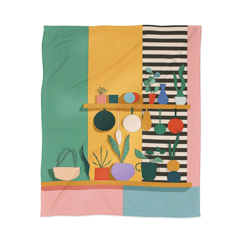 Abstract Modern Kitchen Art With Plants And Hanging Utensils Throw Blanket