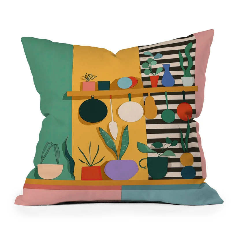 Abstract Modern Kitchen Art With Plants And Hanging Utensils Throw Pillow