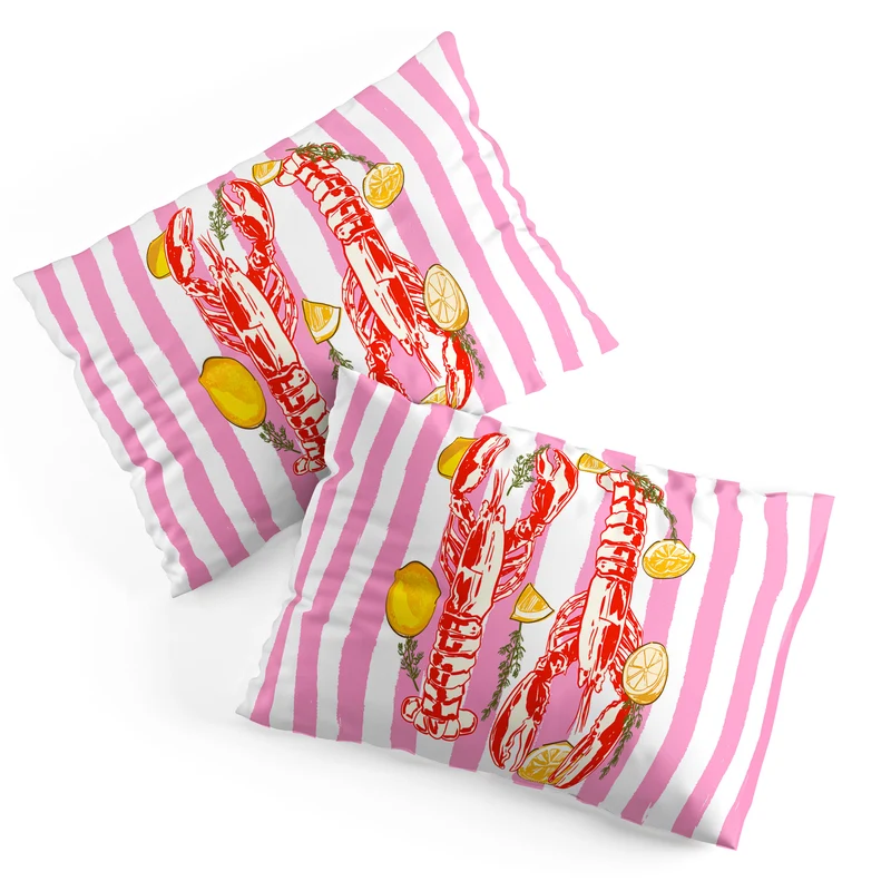 Vibrant Lobsters and Lemons on Pink Stripes Pillow Sham