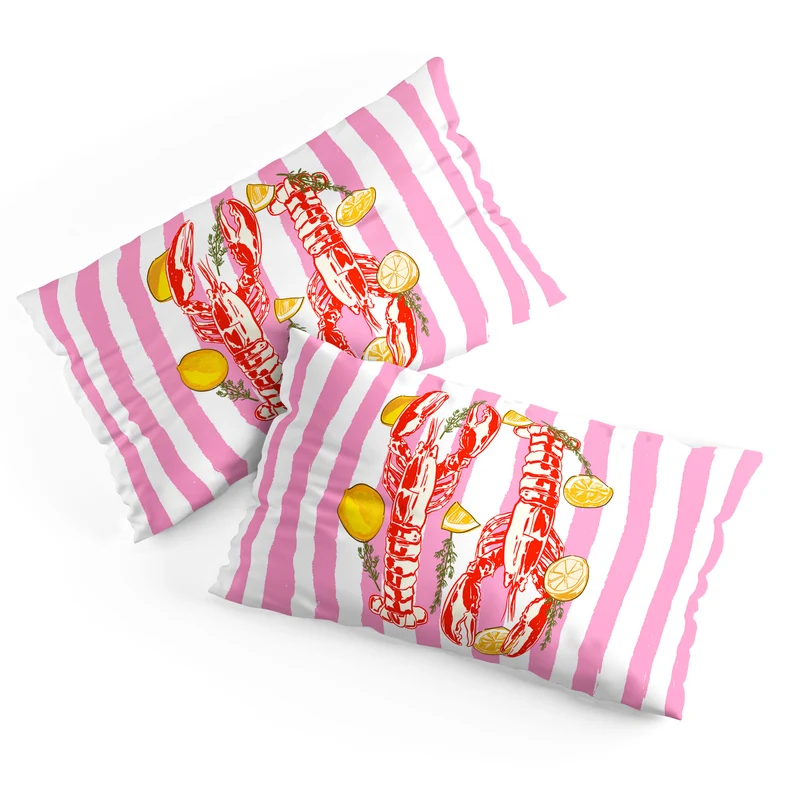 Vibrant Lobsters and Lemons on Pink Stripes Pillow Sham