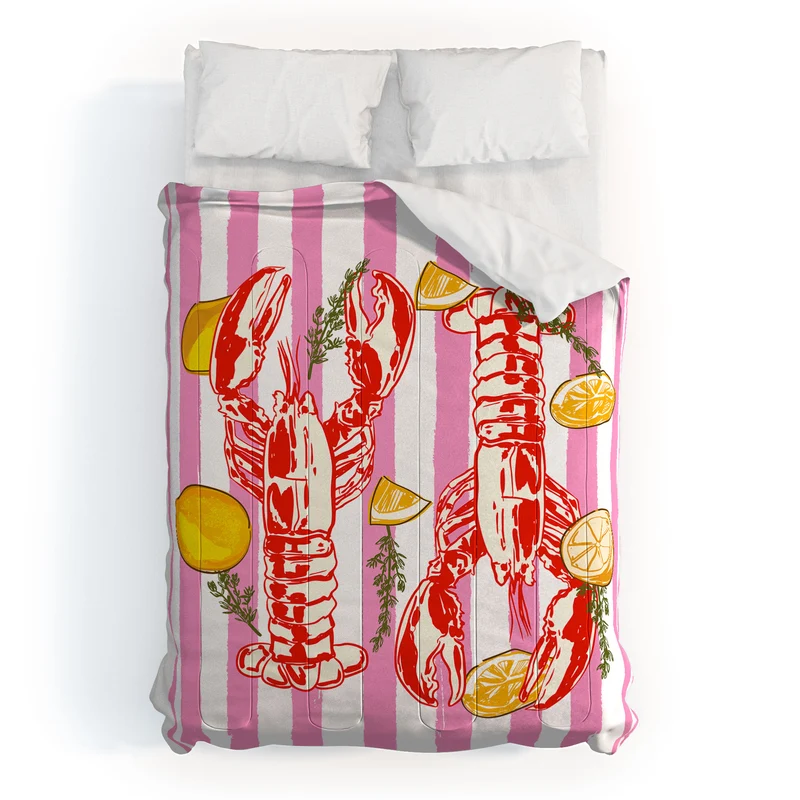 Vibrant Lobsters and Lemons on Pink Stripes Comforter