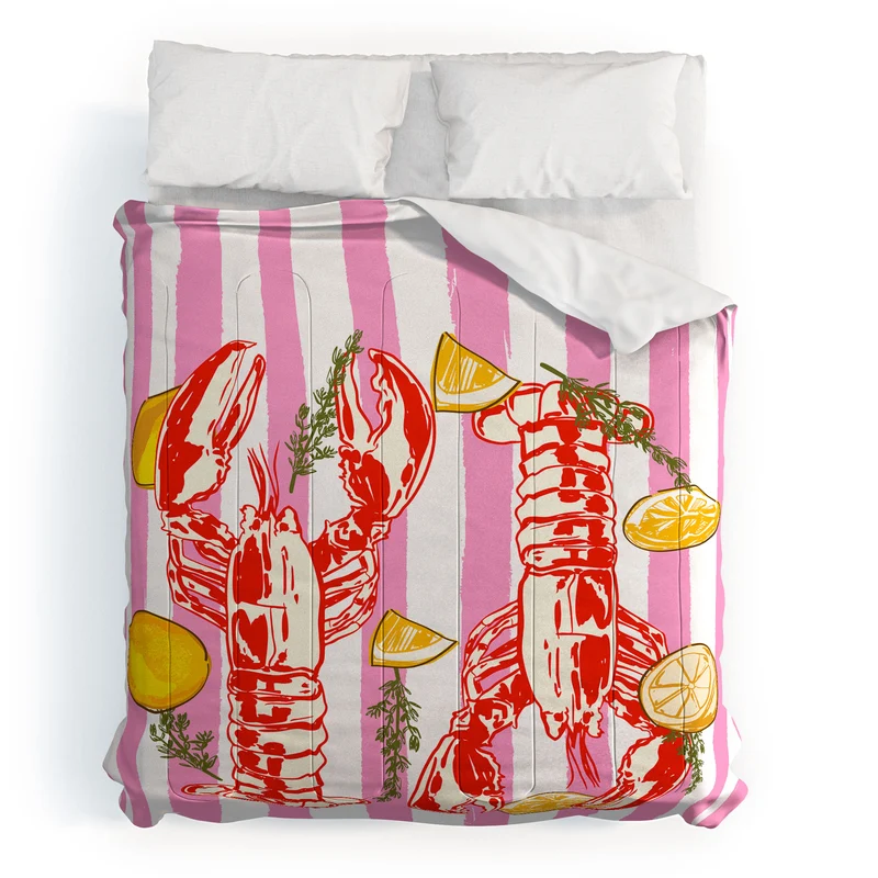 Vibrant Lobsters and Lemons on Pink Stripes Comforter