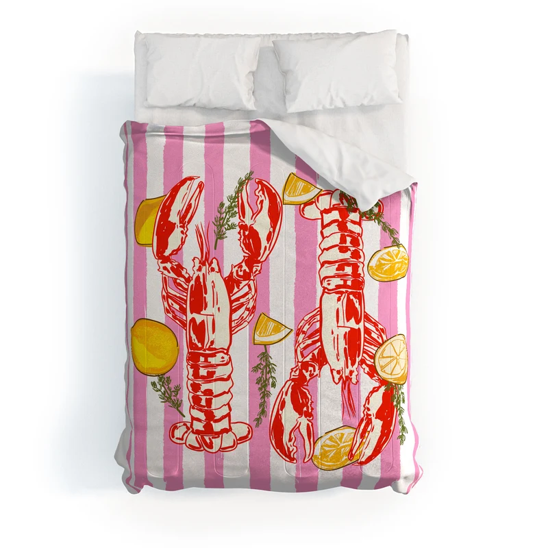 Vibrant Lobsters and Lemons on Pink Stripes Comforter
