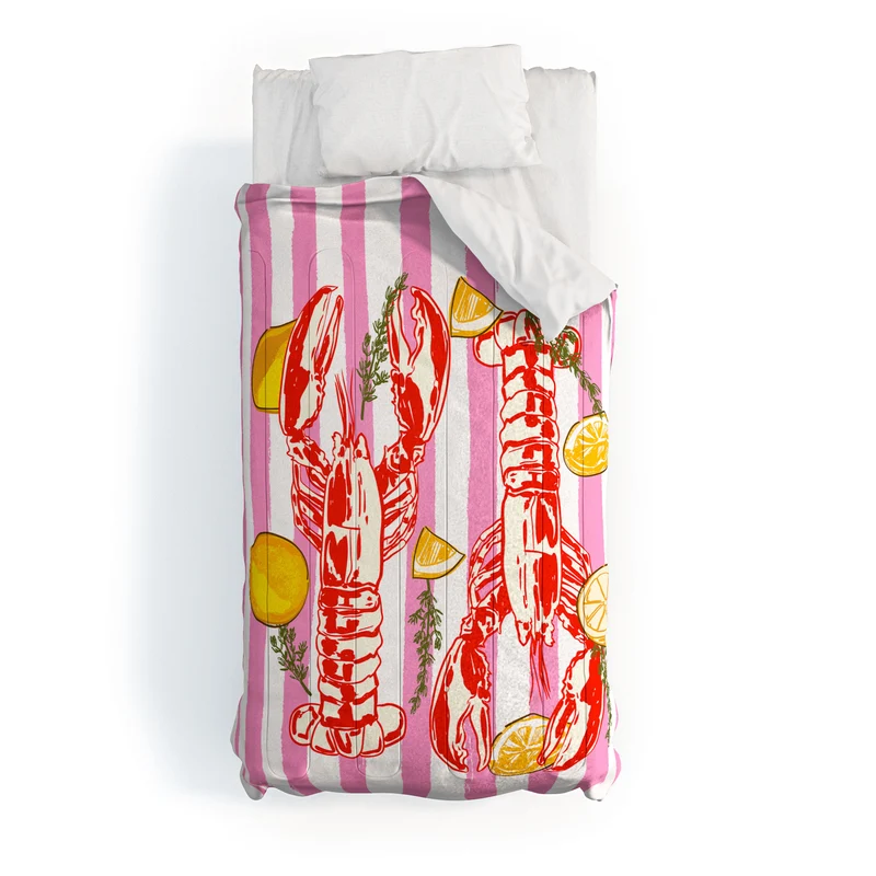 Vibrant Lobsters and Lemons on Pink Stripes Comforter