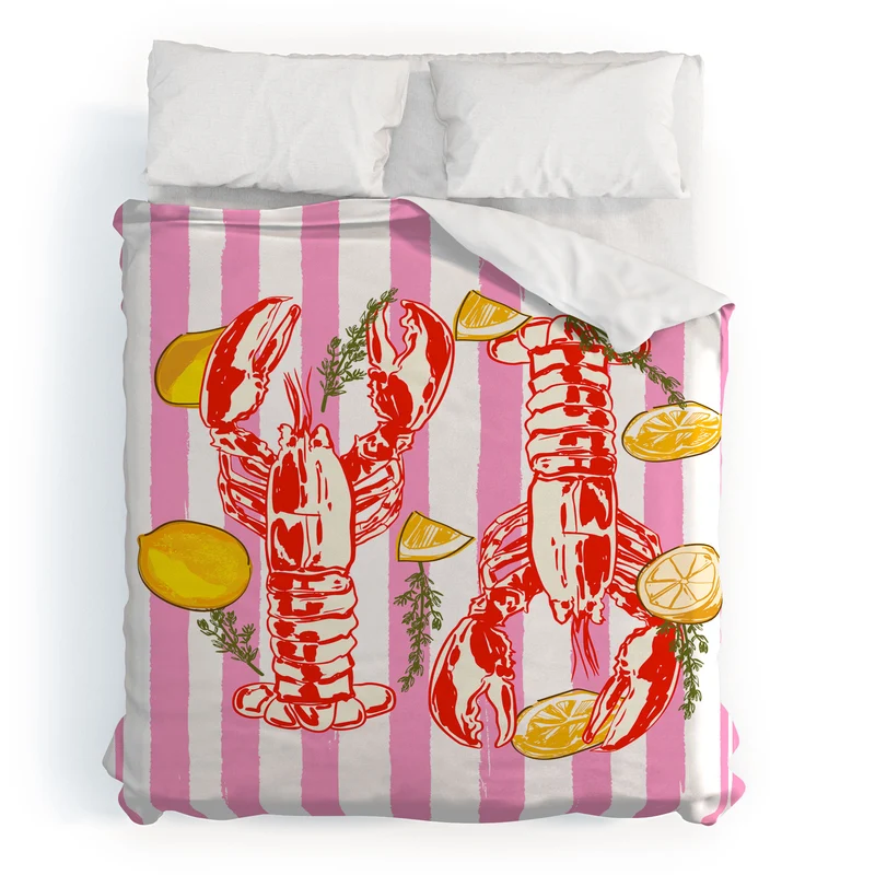 Vibrant Lobsters and Lemons on Pink Stripes Duvet Cover