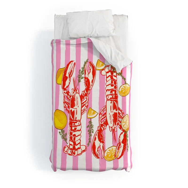Vibrant Lobsters and Lemons on Pink Stripes Duvet Cover