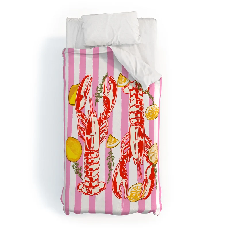 Vibrant Lobsters and Lemons on Pink Stripes Duvet Cover