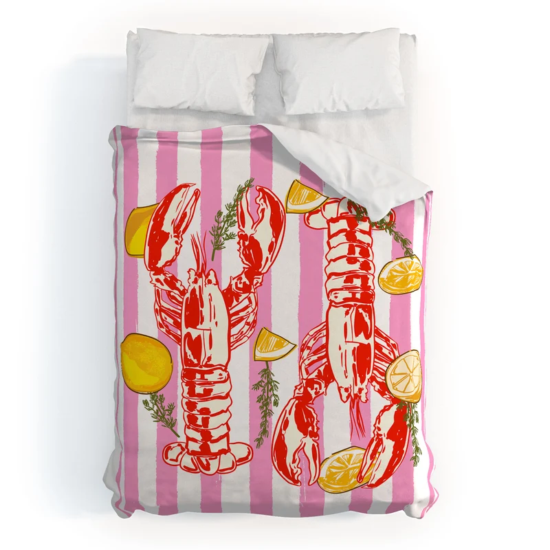 Vibrant Lobsters and Lemons on Pink Stripes Duvet Cover