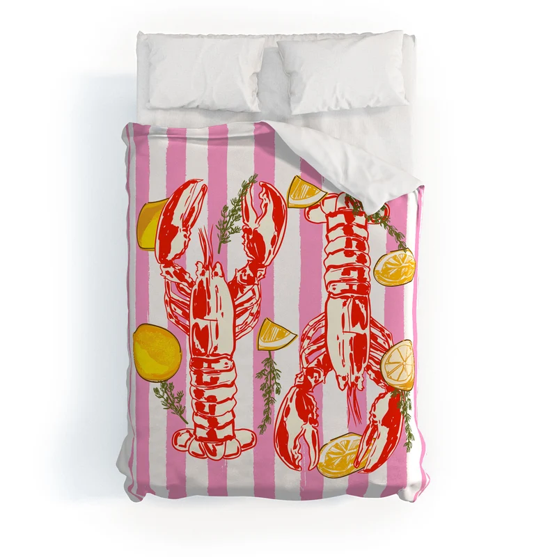 Vibrant Lobsters and Lemons on Pink Stripes Duvet Cover