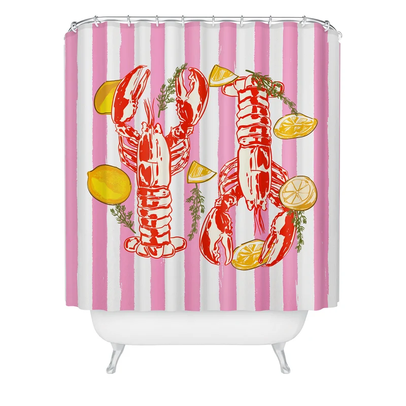 Vibrant Lobsters and Lemons on Pink Stripes Shower Curtain