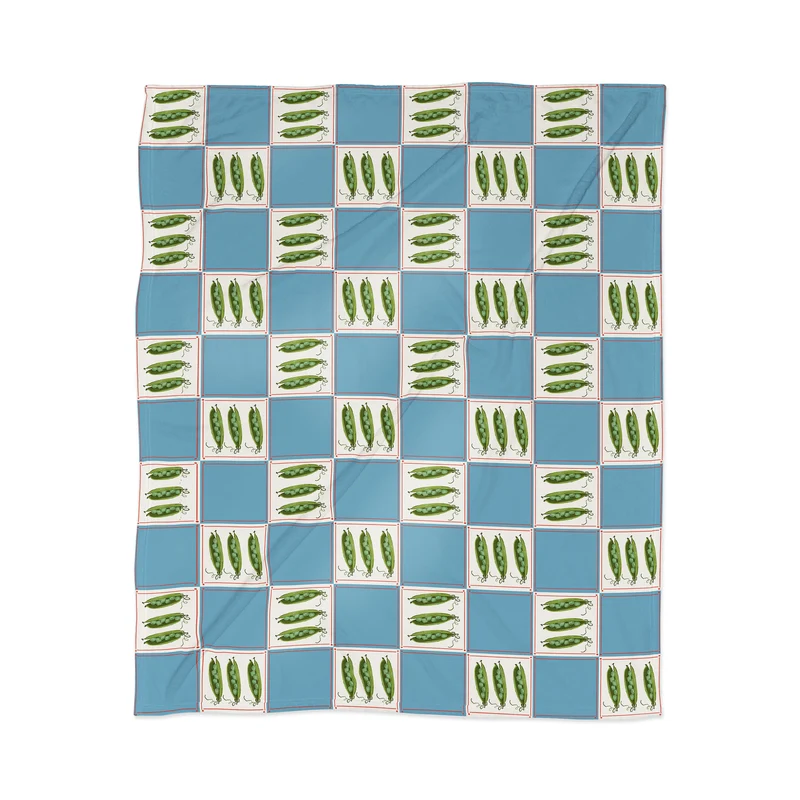 Green Pea Pods Retro Tile Pattern Throw Blanket