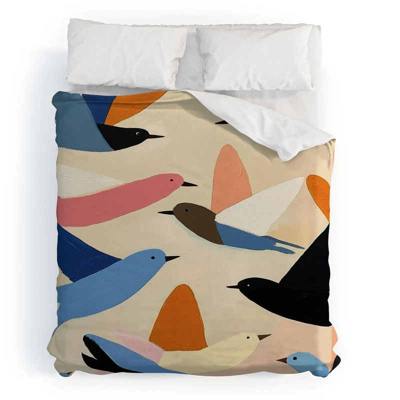 Colorful Birds in Flight Duvet Cover