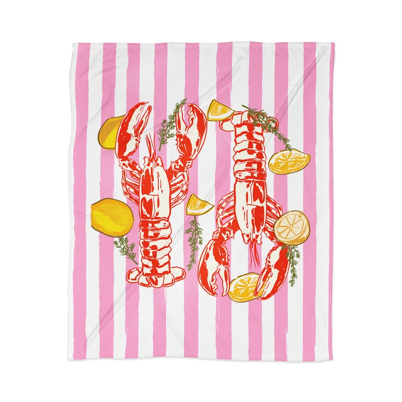 Vibrant Lobsters and Lemons on Pink Stripes Throw Blanket