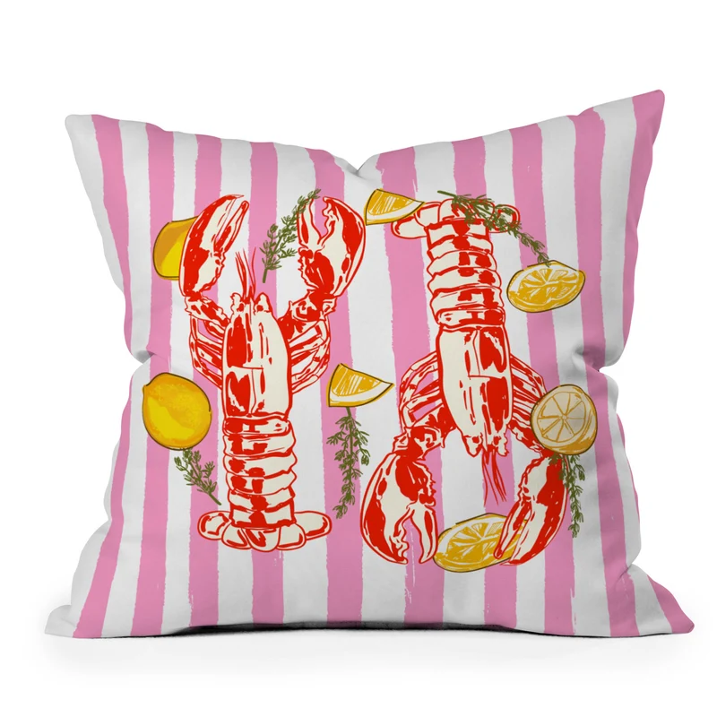 Vibrant Lobsters and Lemons on Pink Stripes Throw Pillow