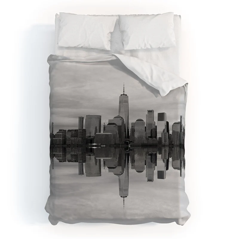 Lower Manhattan reflected along the Hudson Duvet Cover