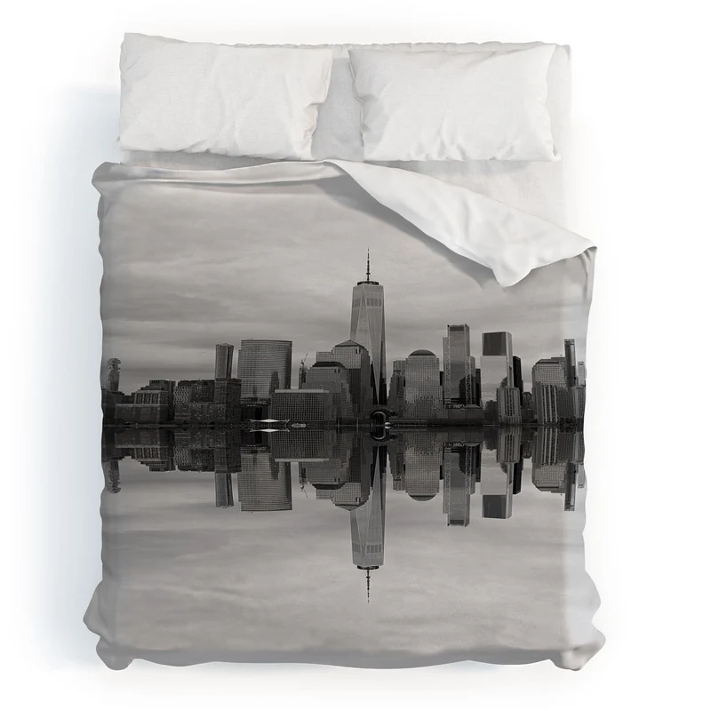 Lower Manhattan reflected along the Hudson Duvet Cover